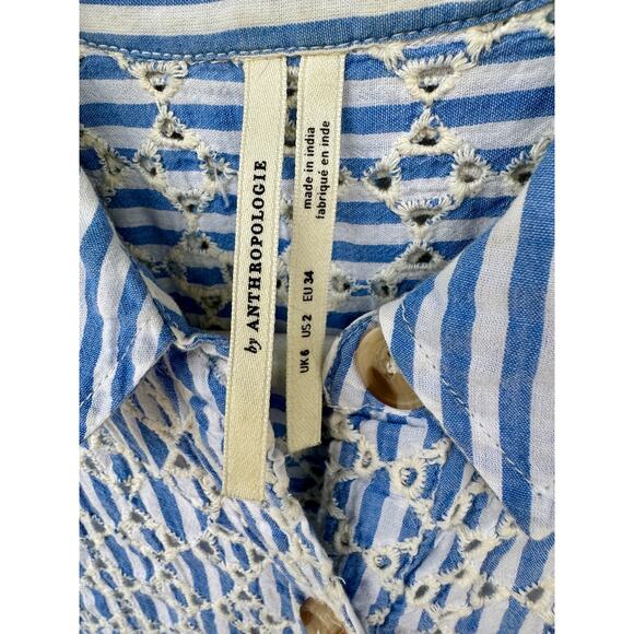 Anthropologie Kismet Shirt Dress Button Up Sleeveless Midi Eyelet Blue Stripe 2 - Picture 2 of 11